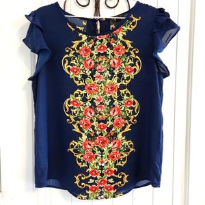OLM Navy Blue Sheer Blouse with Red Roses Size Large